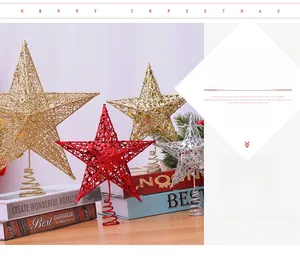 Three glittering iron Christmas tree star toppers in gold, red, and silver with spiral bases
