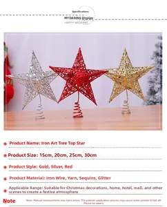 Detail of Christmas iron glitter star tree topper in red, gold, and silver finishes