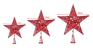 Three sizes of red glitter iron Christmas tree star toppers with stable spiral bases