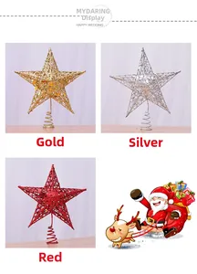 Glittery iron Christmas star toppers in gold, silver, and red with spiral base detail