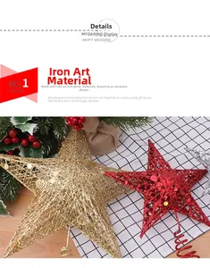 Detail of glittered iron Christmas star tree toppers in gold, red, and silver finishes