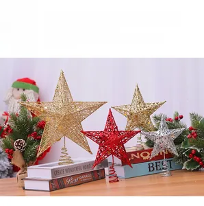 Three-color sparkling iron star tree toppers in gold, red, and silver with spiral bases