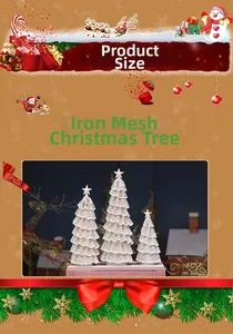 Close-up of three-piece white iron mesh Christmas trees with star toppers and layered design