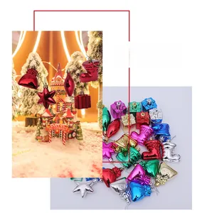 Detail of colorful assorted Christmas tree ornaments in star, boot and gift box shapes