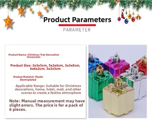 Close-up of assorted plastic electroplated Christmas tree gift box ornaments in six colors