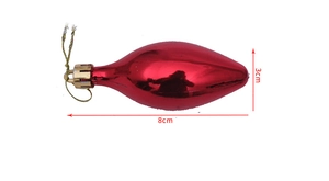 Detail of red shiny 8x3cm Christmas tree ornament with golden cap and string