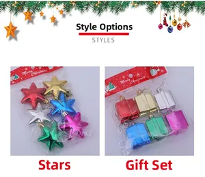 Detail of colorful metallic Christmas tree ornaments featuring stars and gift boxes