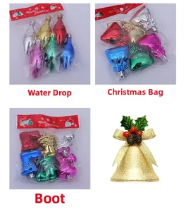 Detail view of assorted Christmas ornaments including stars, boots and gift boxes