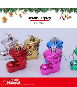 Macro shot of colorful electroplated plastic Christmas boot ornaments for tree decoration