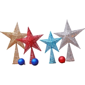 Étoiles de sapin de Noël dorées, rouges, bleues et argentées avec finition pailletée