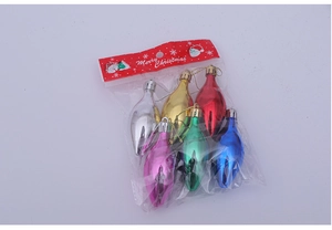 Detail view of 6-piece colorful teardrop Christmas ornaments in clear retail packaging