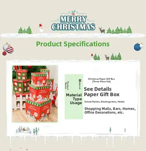 Three-piece set of decorative Christmas paper gift boxes with Santa and reindeer patterns
