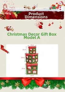 Three-piece Christmas gift box set with festive patterns and detailed size measurements