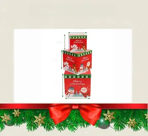 Three-piece Christmas gift box set with cartoon illustrations and festive ribbon decorations