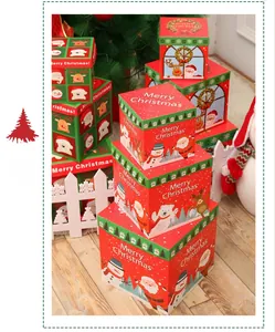 Three-piece nesting Christmas gift boxes with festive reindeer and Santa Claus illustrations