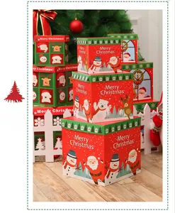 Three-piece red and green Christmas gift box set with festive cartoon illustrations