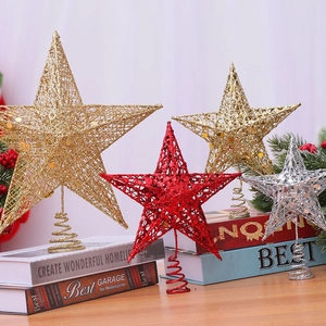 Christmas Tree Topper Star Iron Glitter Sequin Hollow Five Pointed Star Holiday Decoration Ornament With Spiral Base