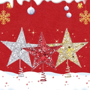 Sparkling Christmas tree star toppers in gold, red, and silver with glitter finish