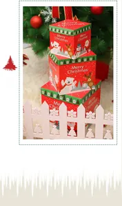 Three-piece stackable Christmas gift boxes featuring hand-drawn festive illustrations