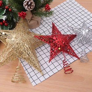 Glittery iron star Christmas tree toppers in gold, red and silver with spiral base
