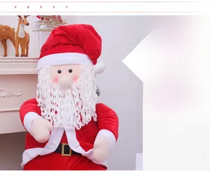 Detail of Santa Claus plush doll featuring knitted beard and golden belt buckle decor