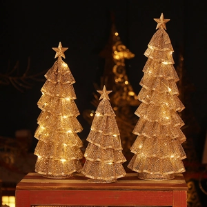 Iron Mesh LED Christmas Tree Tabletop Ornament Glitter Luminous Tower Shaped Christmas Tree Decoration With Star For Home Party