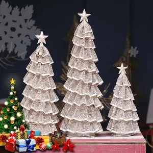 Three-piece iron mesh Christmas tree set with stars in champagne gold for table decor