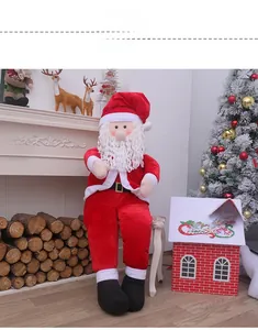 Classic sitting Santa Claus plush in red velvet suit placed in a festive fireplace scene