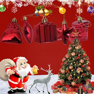Red shiny Christmas tree hanging ornaments set with star sock and gift bag shapes