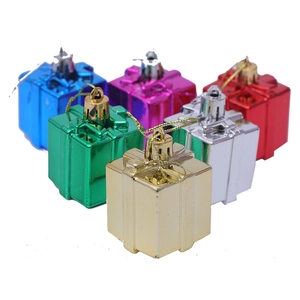 Set of six colorful metallic Christmas gift box ornaments with shiny electroplated finish