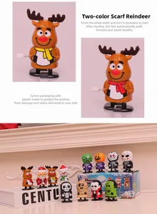 Detail of Christmas reindeer wind-up toy with a dual-color scarf showing walking mechanism