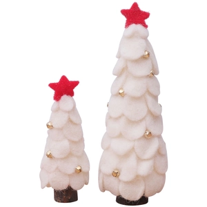 Set de mini árboles de Navidad de fieltro blanco con estrella roja y cascabeles dorados