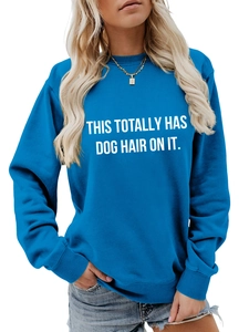 Close-up of the humor text print on this blue crewneck sweatshirt for women