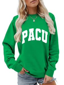 Close-up of the PACU bold white letter print on the emerald green crewneck sweatshirt