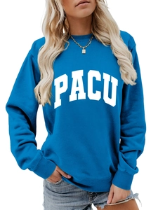 Detail of royal blue PACU sweatshirt showing crew neck and white letter print texture