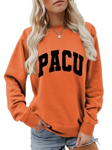 Detail of PACU letter print on orange crewneck sweatshirt with ribbed cuffs and hem