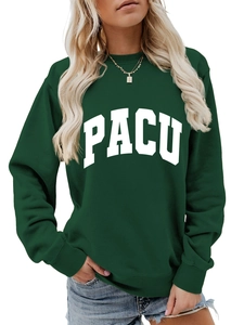 Detail of green crewneck sweatshirt featuring white arched PACU letter embroidery
