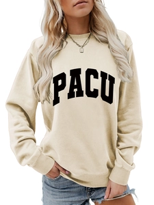 Close-up of ribbed cuffs and PACU lettering on cream crewneck long sleeve sweatshirt
