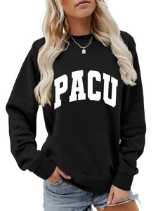 Close-up of black PACU letter print crewneck sweatshirt with dropped shoulders