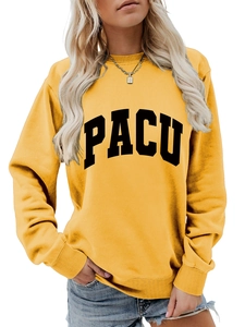 Detail of the yellow crew neck sweatshirt featuring bold PACU lettering and ribbed cuffs