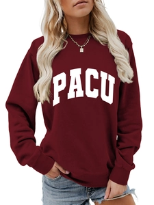 Close-up of burgundy PACU crewneck sweatshirt with ribbed cuffs and white letter print