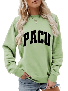 Detail of light green sweatshirt featuring PACU letter print and crew neck design