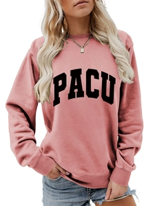Detail of dusty rose PACU letter print on minimalist crewneck long sleeve sweatshirt