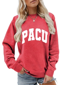 Detail of red crew neck sweatshirt featuring bold PACU white letter printing on chest