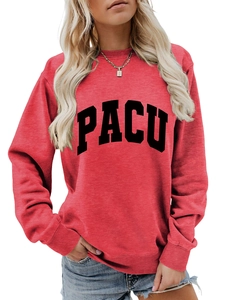 Detail of red crewneck sweatshirt featuring PACU letter print and ribbed cuffs