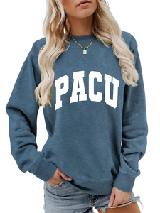 Detail shot of the ribbed neckline and white PACU letter print on a navy sweatshirt
