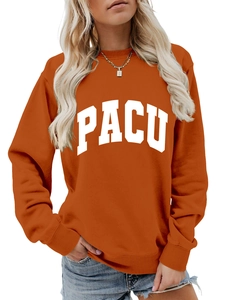 Detail of orange round neck sweatshirt showing PACU letter print and ribbed cuffs