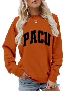 Detail of PACU bold letter print on a burnt orange cotton casual crewneck sweatshirt