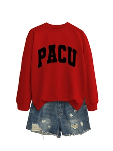 Detail view of red PACU sweatshirt and distressed blue denim shorts with letter print