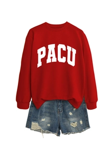 Flat lay of red crewneck sweatshirt with PACU logo and distressed blue denim shorts